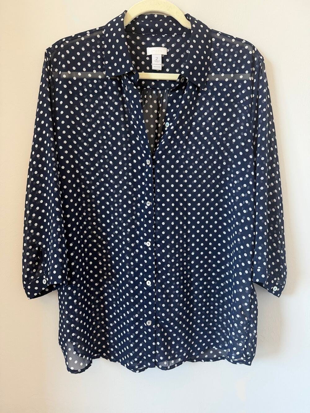 Chicos Sheer Navy with White Polka Dots Size 2 (Lg)